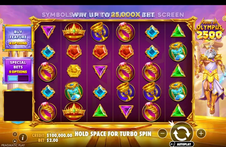 Base game showing the full 6x5 reel grid with gem and crown symbols, a header reading "SYMBOLS WIN UP TO 25,000X BET SCREEN", credit $100,000.00, and bet $2.00.