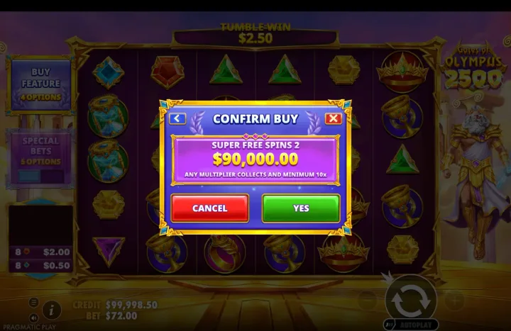 Confirm Buy dialog overlaying the base game reading "SUPER FREE SPINS 2 / $90,000.00 / ANY MULTIPLIER COLLECTS AND MINIMUM 10x" with Cancel and Yes buttons, bet $72.00.