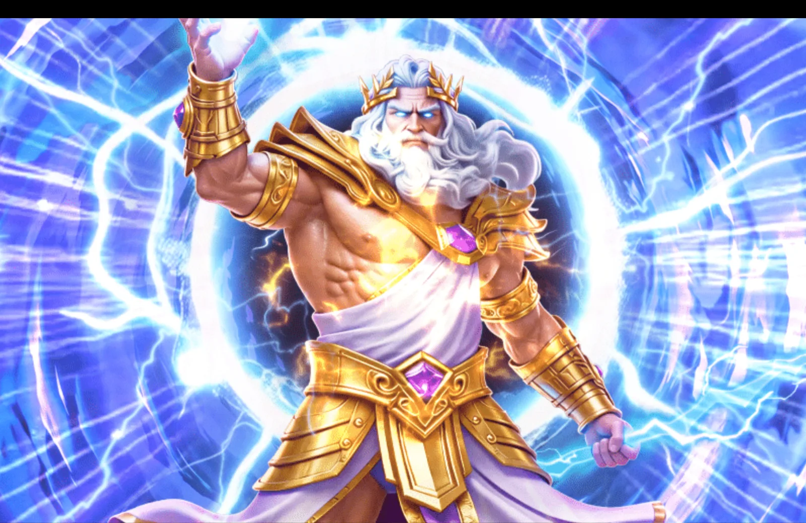 Full-screen animation of an armoured Zeus-like figure surrounded by blue lightning.
