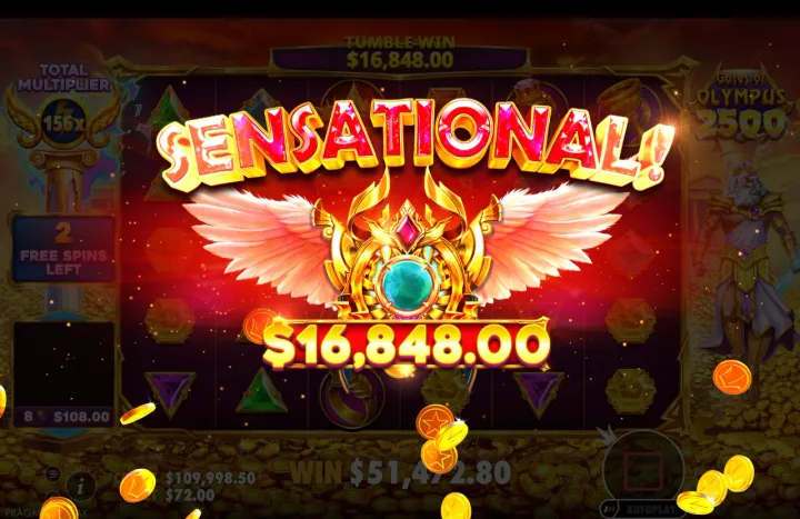 Free-spins round win presentation showing "SENSATIONAL!" banner and winged crest with "$16,848.00", tumble-win $16,848.00, total multiplier 156x, 2 free spins left, win $51,472.80.
