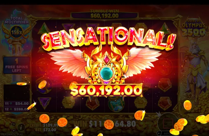 Free-spins round win presentation showing "SENSATIONAL!" banner and winged crest with "$60,192.00", tumble-win $60,192.00, total multiplier 156x, 1 free spin left.