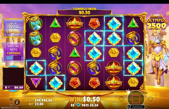 Base game tumble-win presentation with blue-outlined winning symbol clusters highlighted on the grid, a "TUMBLE-WIN $0.50" banner, and "WIN $0.50 / 8X PAYS $0.50" shown at the bottom.