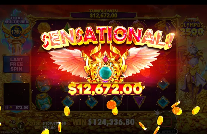 Free-spins last-spin win presentation showing "SENSATIONAL!" banner and winged crest with "$12,672.00", tumble-win $12,672.00, total multiplier 176x, "LAST FREE SPIN" indicator, win $124,336.80.