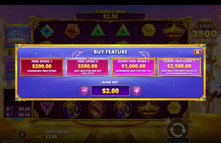 Buy Feature menu overlaying the base game, listing four options: "FREE SPINS 1 $200.00", "FREE SPINS 2 $500.00", "SUPER FREE SPINS 1 $1,000.00", and "SUPER FREE SPINS 2 $2,500.00", with base bet $2.00.