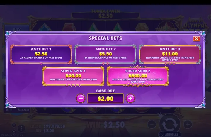 Special Bets menu showing five options: "ANTE BET 1 $2.50", "ANTE BET 2 $5.50", "ANTE BET 3 $11.00", "SUPER SPIN 1 $40.00", and "SUPER SPIN 2 $500.00", with base bet $2.00.