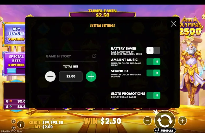 System Settings panel showing toggles for Battery Saver, Ambient Music, Sound FX, and Slots Promotions, with a total bet of $2.00 and credit $99,998.50.