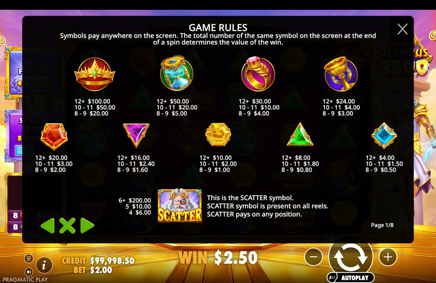 In-game Game Rules screen, page one of eight, listing symbol win values with the scatter symbol noted below them.