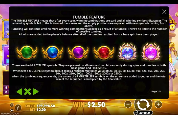 Paytable page 2 of 8 headed "TUMBLE FEATURE" describing the mechanic and showing six coloured multiplier orb symbols with winged frames.