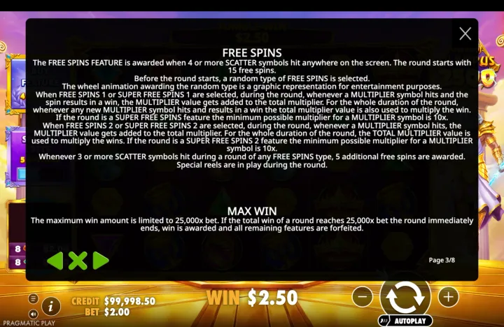 Paytable page 3 of 8 headed "FREE SPINS" and "MAX WIN" with text rules, credit $99,998.50 and win $2.50 visible at the bottom.