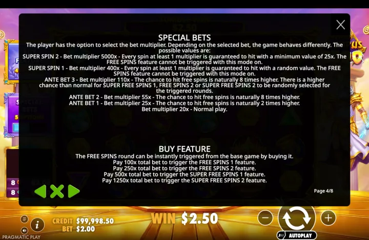 Paytable page 4 of 8 headed "SPECIAL BETS" and "BUY FEATURE" with text describing bet multiplier options and buy costs, credit $99,998.50.